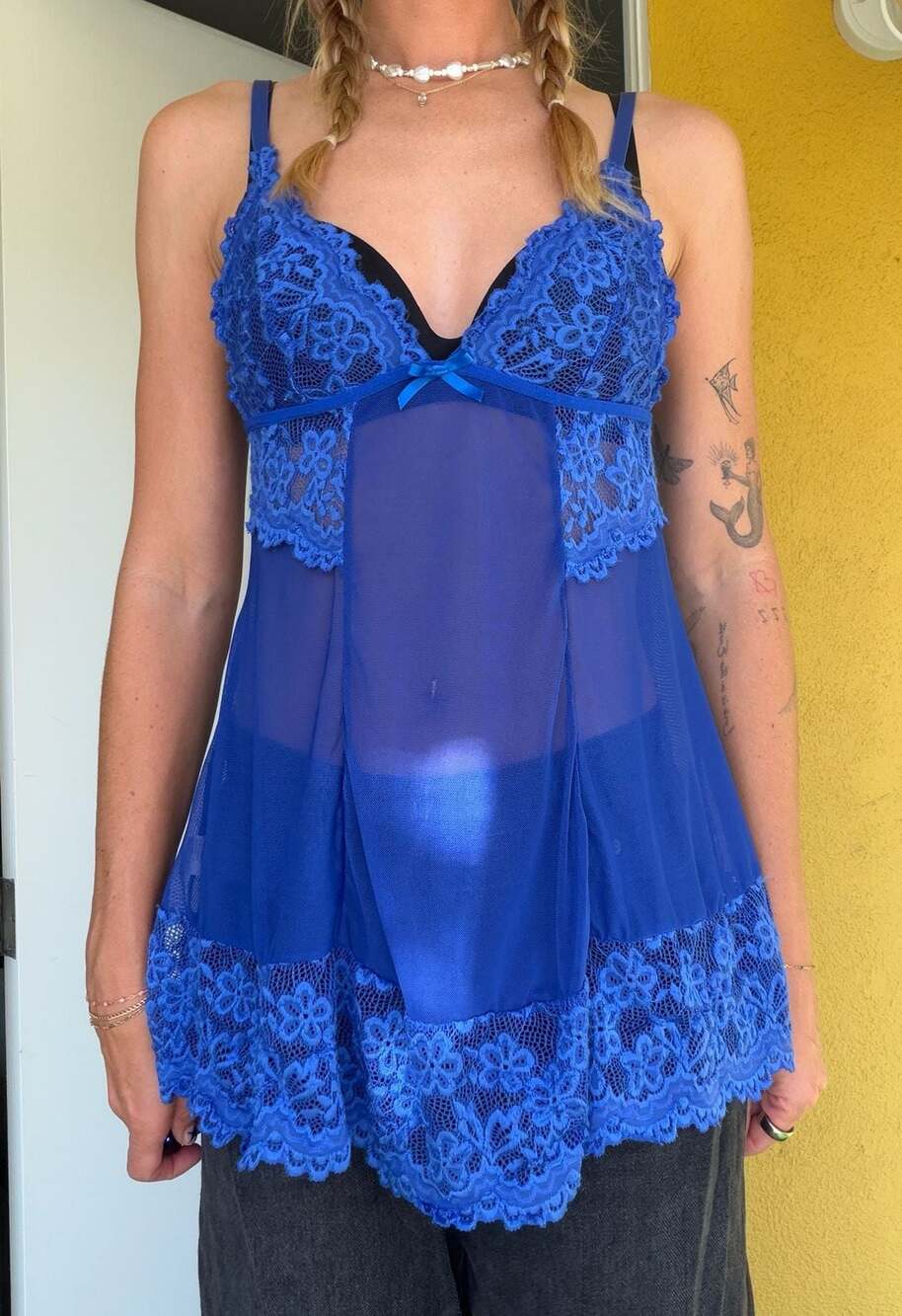 Women's Royal Blue Lace Trim Mesh V-Neck Babydoll Chemise Sleepwear